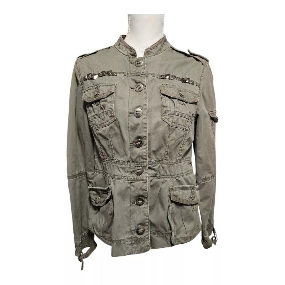 American Rag Cie Green Military Jacket L Studded Utility Pockets Cargo Style